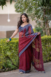 Urmila- Maroon Ajrakh Applique Saree