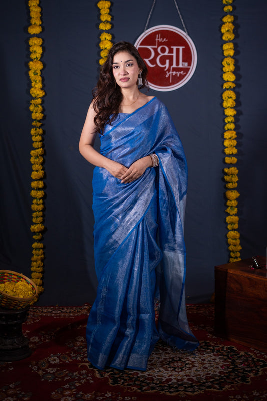 Kaanti- Blue Silver Zari Linen Saree
