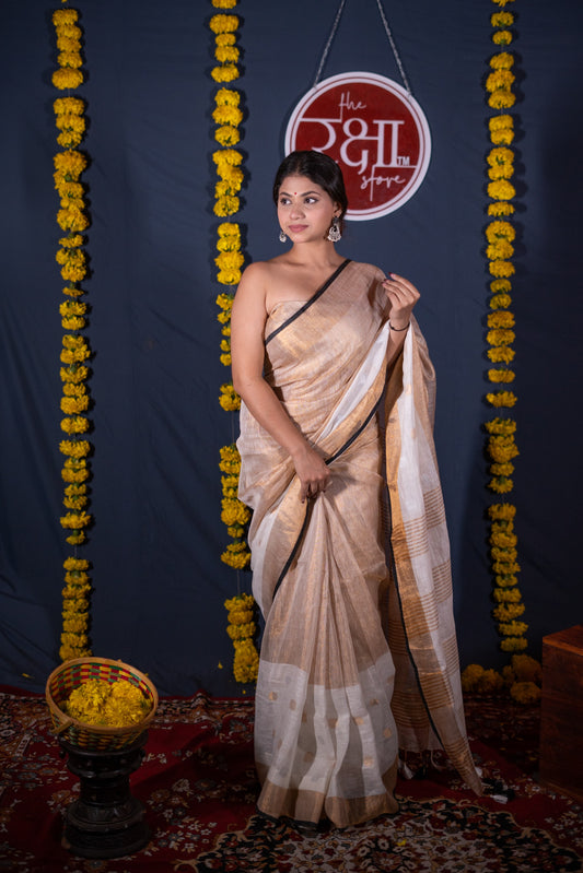 Mohini- White Golden Linen Saree