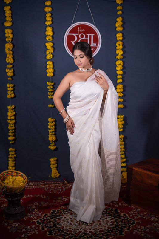 Lavanya- White Floral Silk Linen Saree