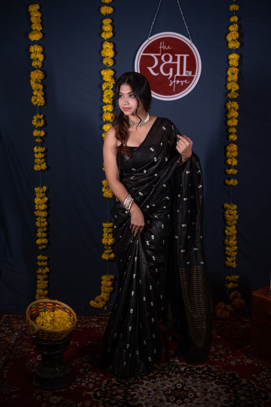 Priyadarshini- Black Floral Silk Linen Saree