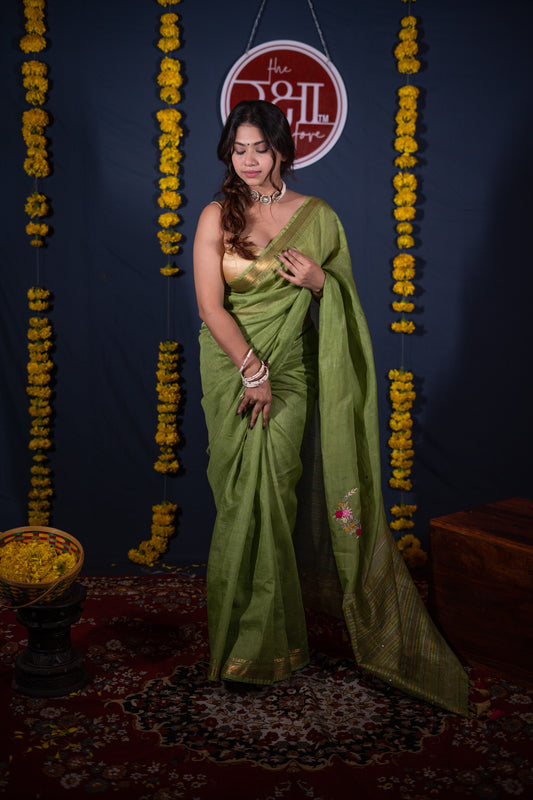 Kalyani- Green Floral Silk Linen Saree
