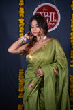 Kalyani- Green Floral Silk Linen Saree
