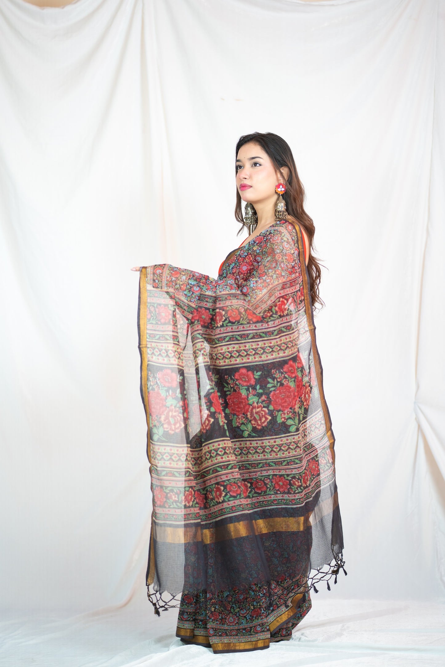 Midnight Bloom Kota Doria Saree