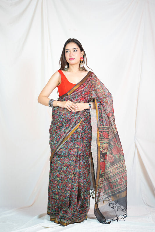 Midnight Bloom Kota Doria Saree