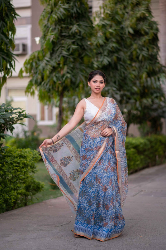 Blue Bells- Blue Block Printed Saree
