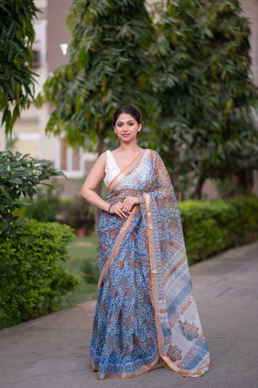 Blue Bells- Blue Block Printed Saree