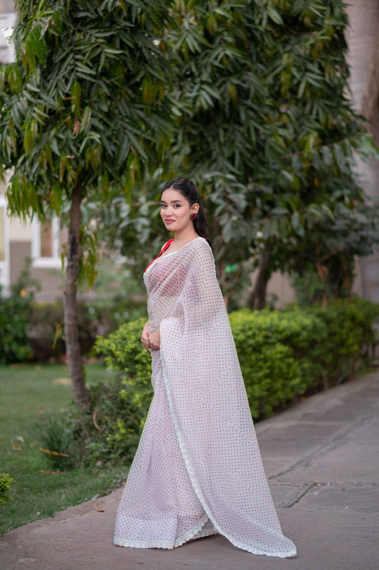 Blush - White Kota Doria Saree