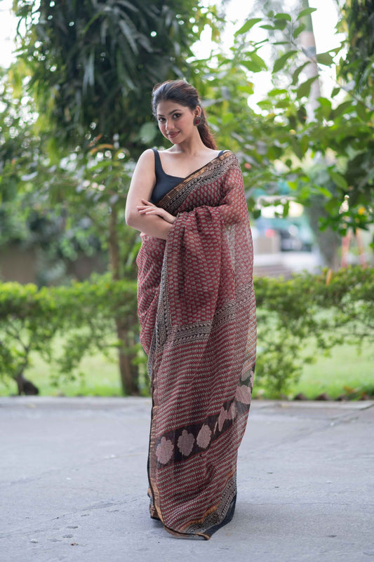 Cherry Charm- Red Ajrakh Kota Doria Saree