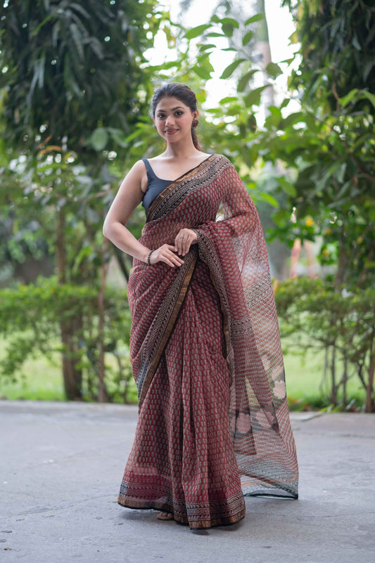 Cherry Charm- Red Ajrakh Kota Doria Saree