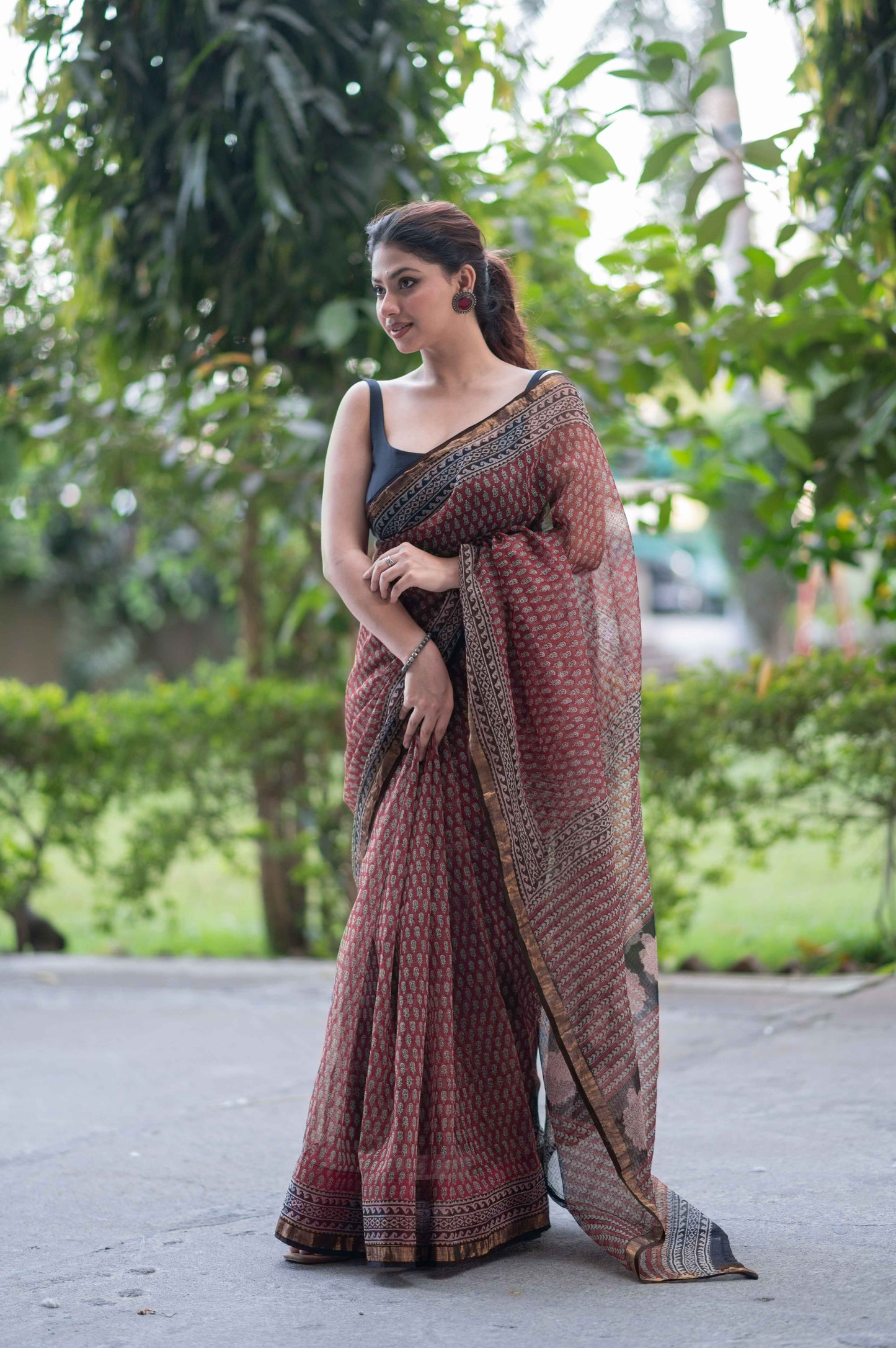 Cherry Charm- Red Ajrakh Kota Doria Saree