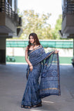 Chitrangada- Indigo Dabu Maheshwari Silk Saree