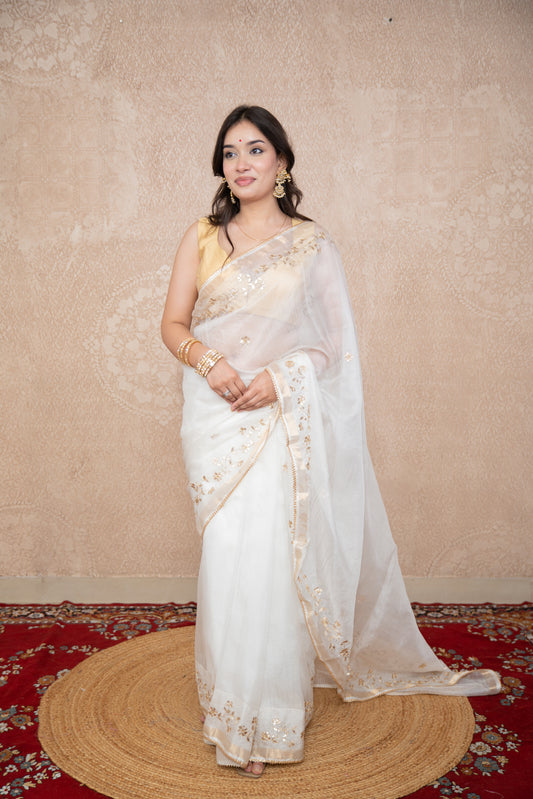 Chandrika- White Floral Gota Saree