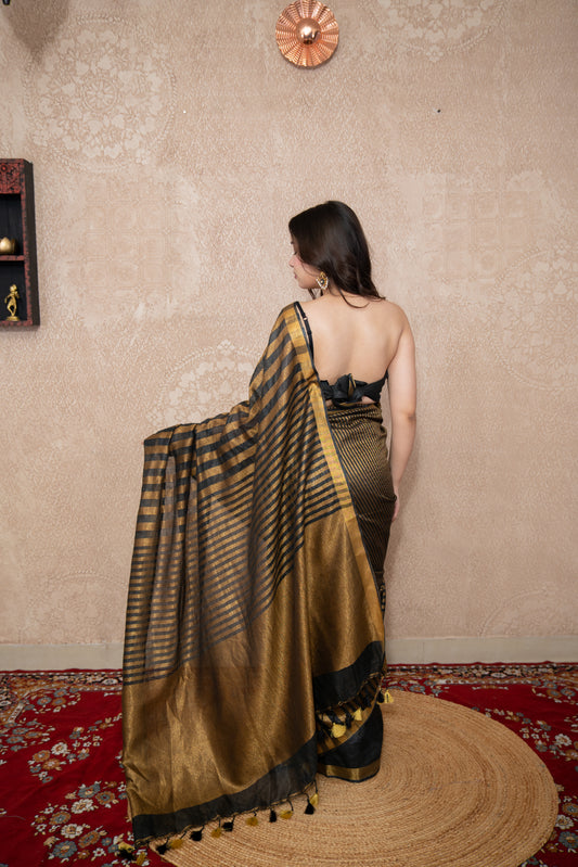 Chitrika- Black Striped Zari Linen Saree