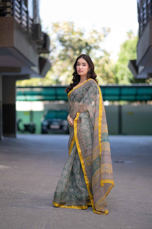 Dewdrop Glow- Green Bagru Kota Doria Saree