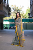 Dewdrop Glow- Green Bagru Kota Doria Saree