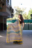 Dewdrop Glow- Green Bagru Kota Doria Saree