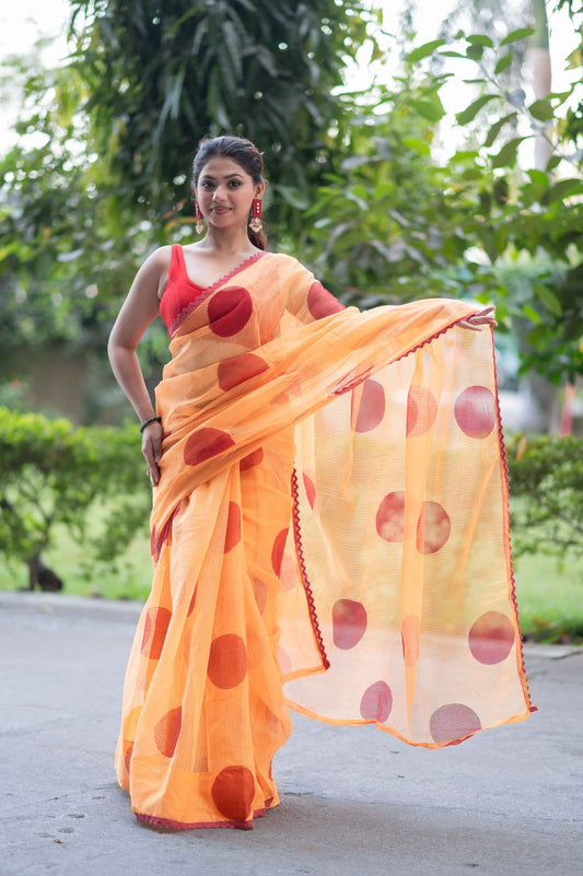 Mathe Ri Bindu- Orange Kota Doria Saree