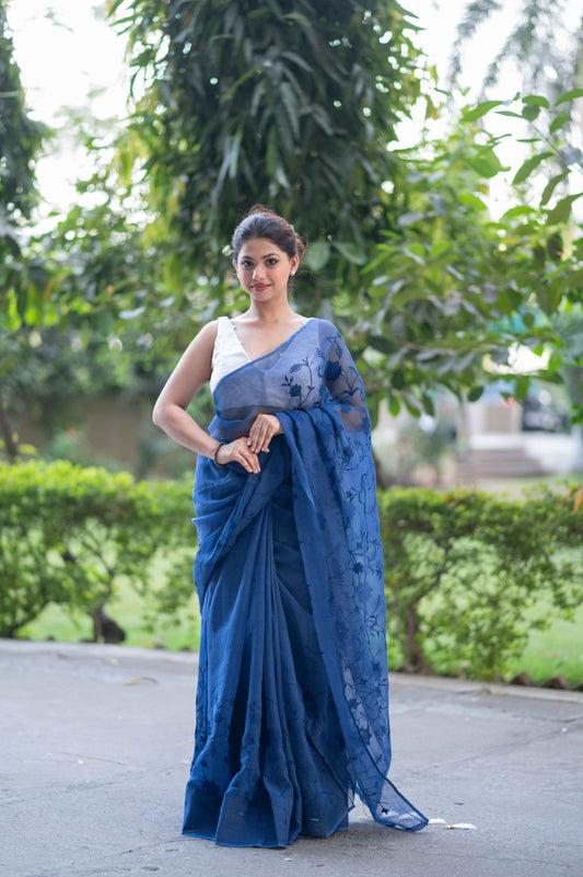 Blue Lagoon Bliss- Emb Kota Doria Saree
