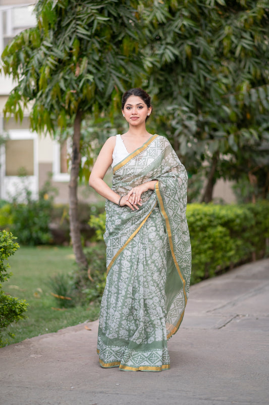 Green Oasis- Batik Kota Doria Saree