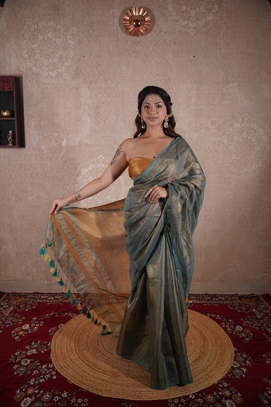 Dhriti- Green Saree with zari stripes