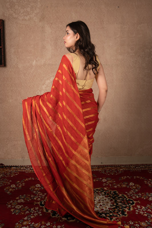 Dhvalima- Red Striped Linen Saree