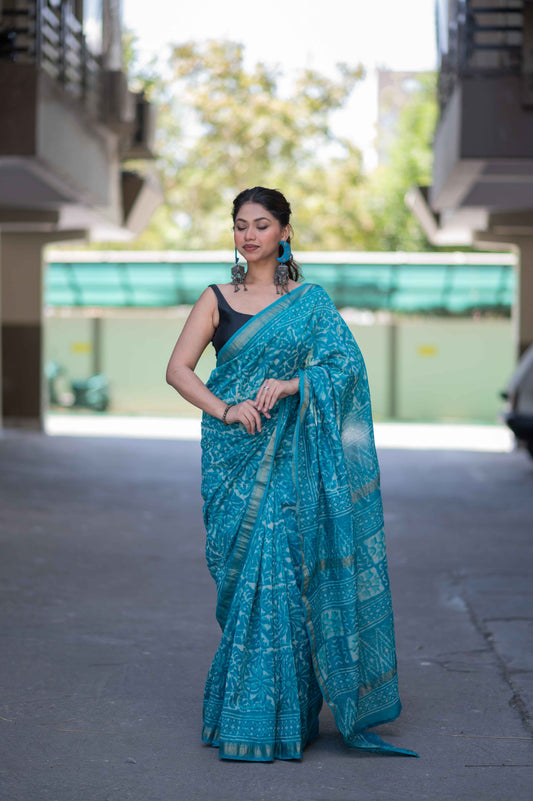 Hansika- Turqoise Dabu Maheshwari Silk Saree