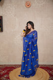 Hansika-Blue Silk Saree with leaf embroidery