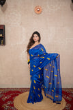 Hansika-Blue Silk Saree with leaf embroidery