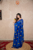 Hansika-Blue Silk Saree with leaf embroidery