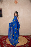 Hansika-Blue Silk Saree with leaf embroidery