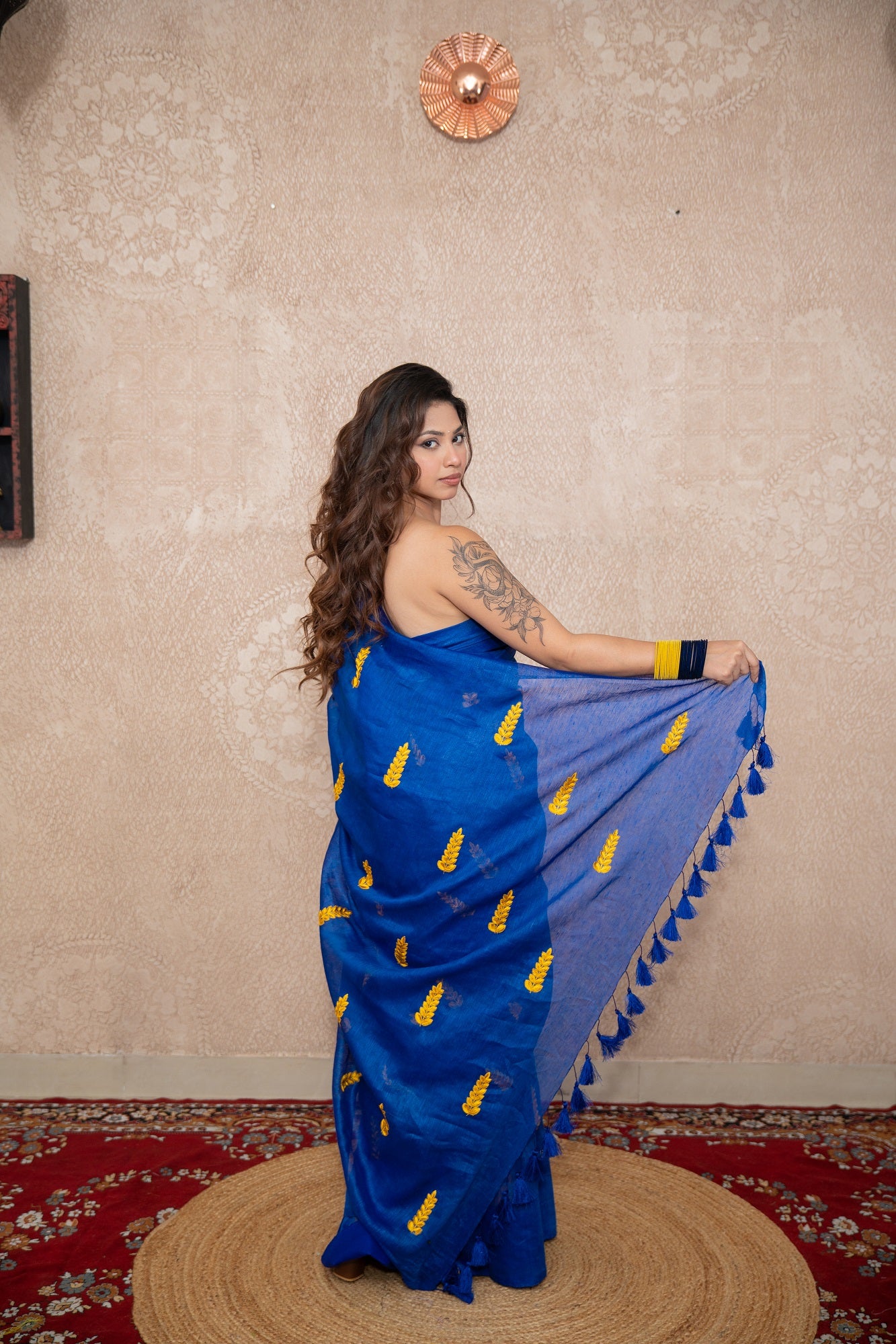 Hansika-Blue Silk Saree with leaf embroidery