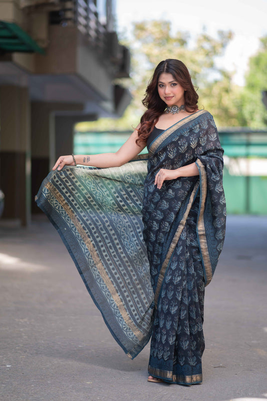Iravati - Blue Ajrakh Maheshwari Silk Saree