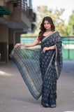 Iravati - Blue Ajrakh Maheshwari Silk Saree