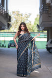 Iravati - Blue Ajrakh Maheshwari Silk Saree
