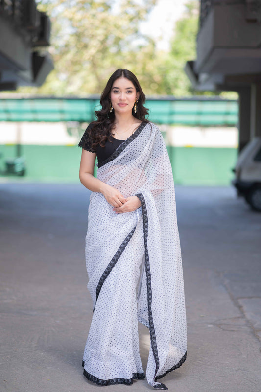 Ivory Speck - White Saree with Black Dots