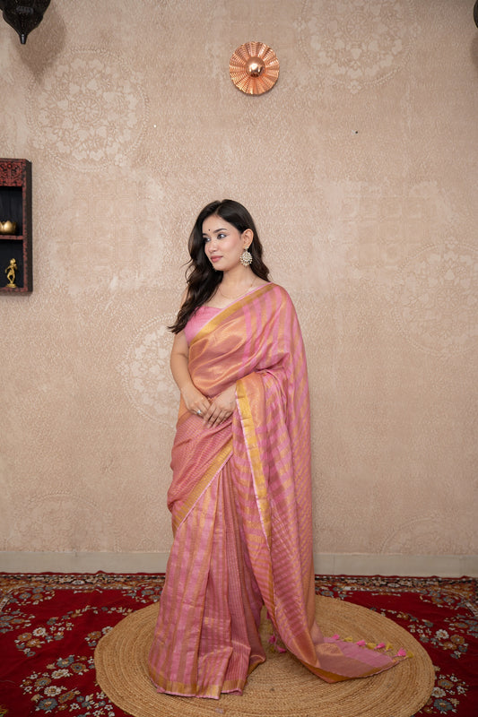 Indulekha- Pink Striped Zari Linen Saree