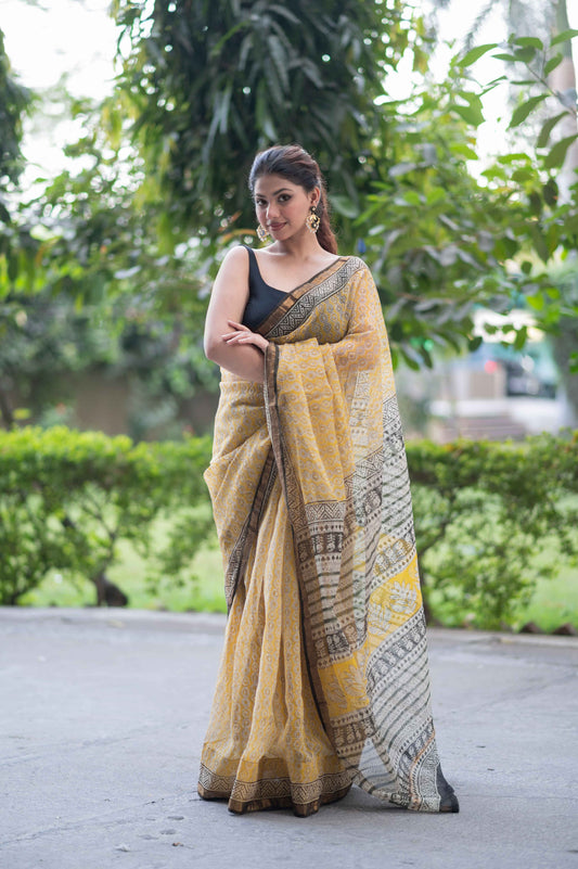 Marigold- Yellow Ajrakh Kota Doria Saree