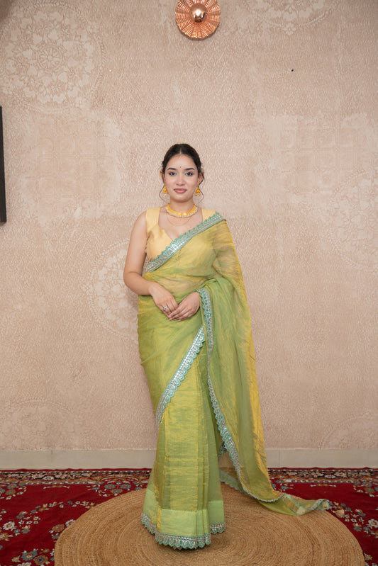 Maahi - Green Tissue Saree with Border