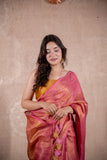 Maahi- Pink Zari Saree with striped pallu