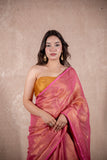 Maahi- Pink Zari Saree with striped pallu