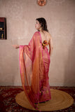 Maahi- Pink Zari Saree with striped pallu