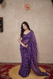 Madhulika- Purple Floral Silk Linen Saree