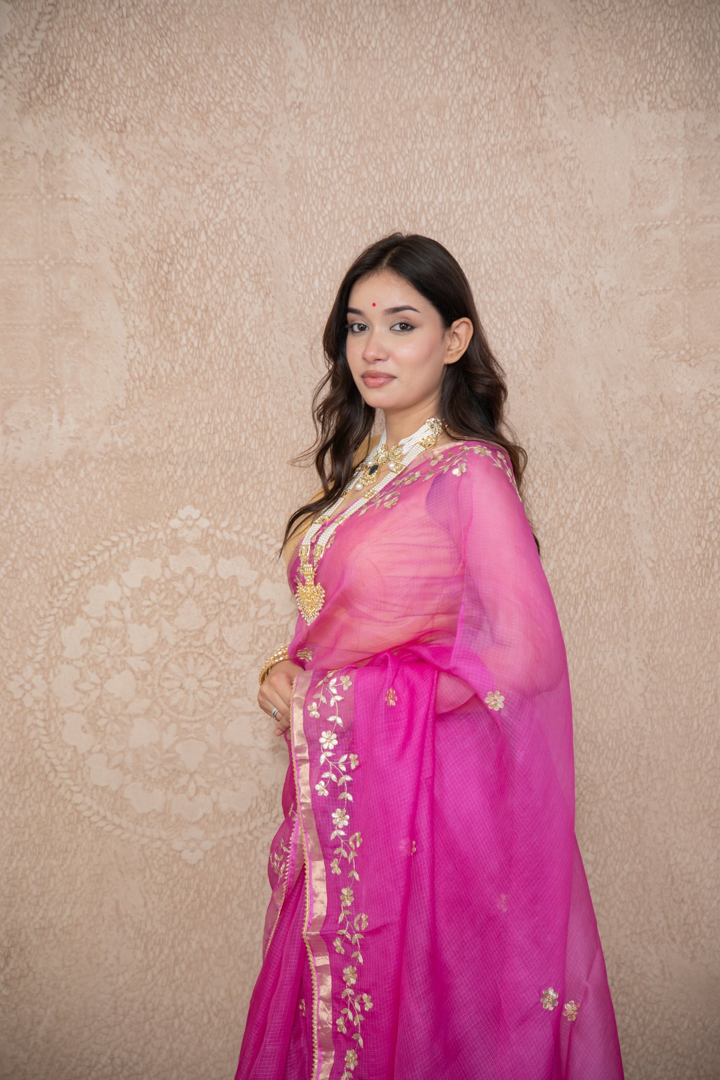 Madhurima- Pink Floral Gota Saree