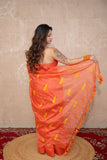 Malhar- Orange Silk Saree with leaf embroidery