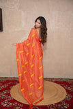 Malhar- Orange Silk Saree with leaf embroidery