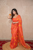 Malhar- Orange Silk Saree with leaf embroidery