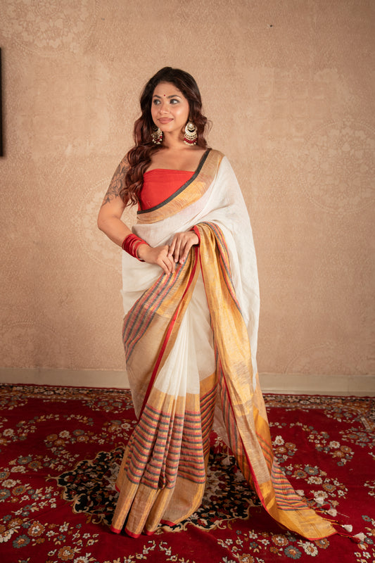 Navri- White Striped Linen Saree