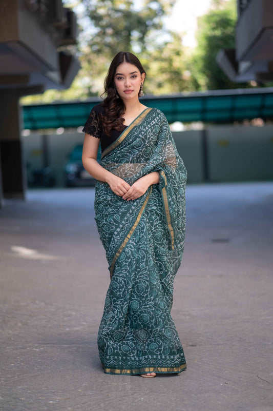 Olive Whisper - Green Dabu Kota Doria Saree