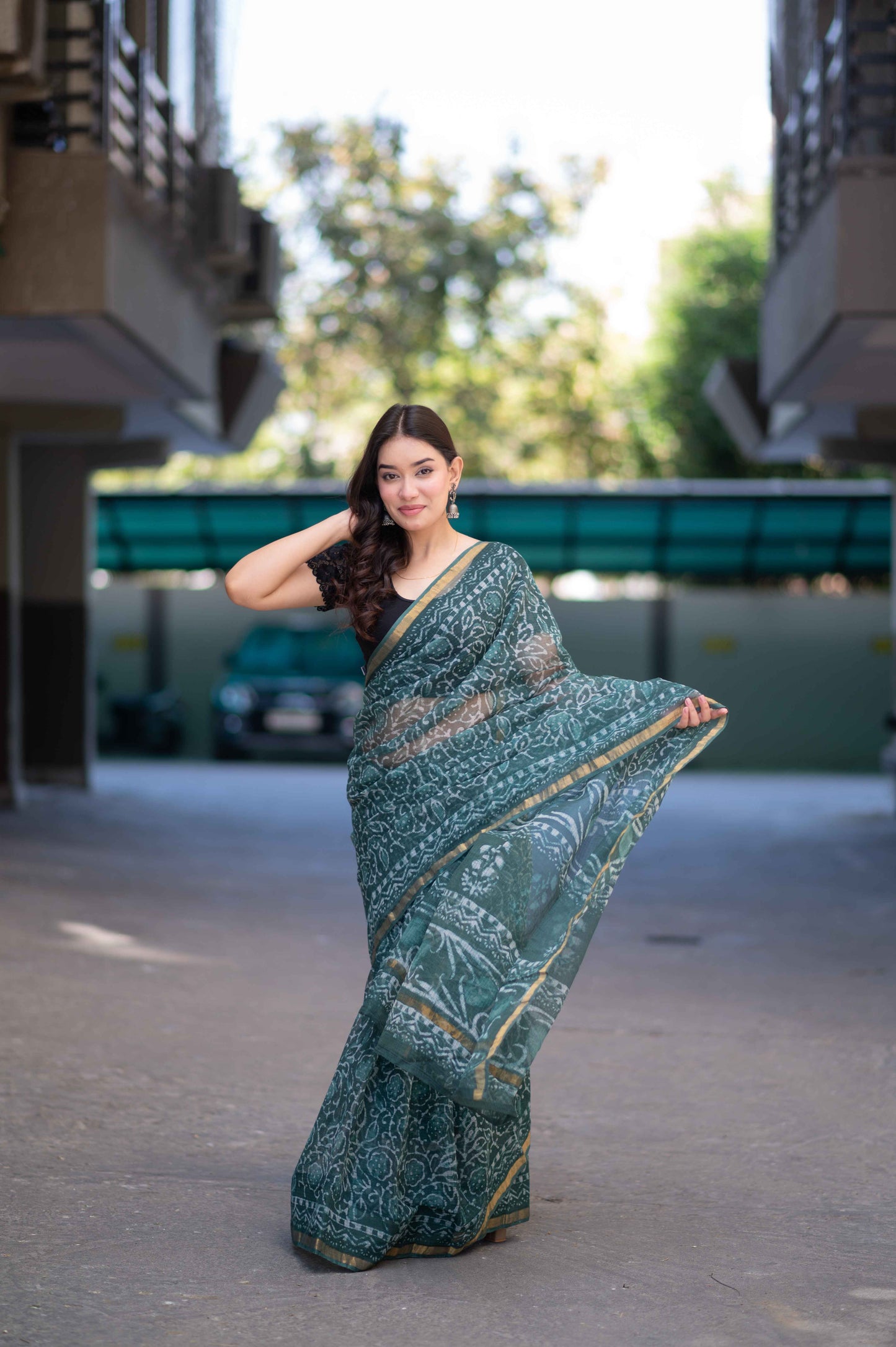 Olive Whisper - Green Dabu Kota Doria Saree